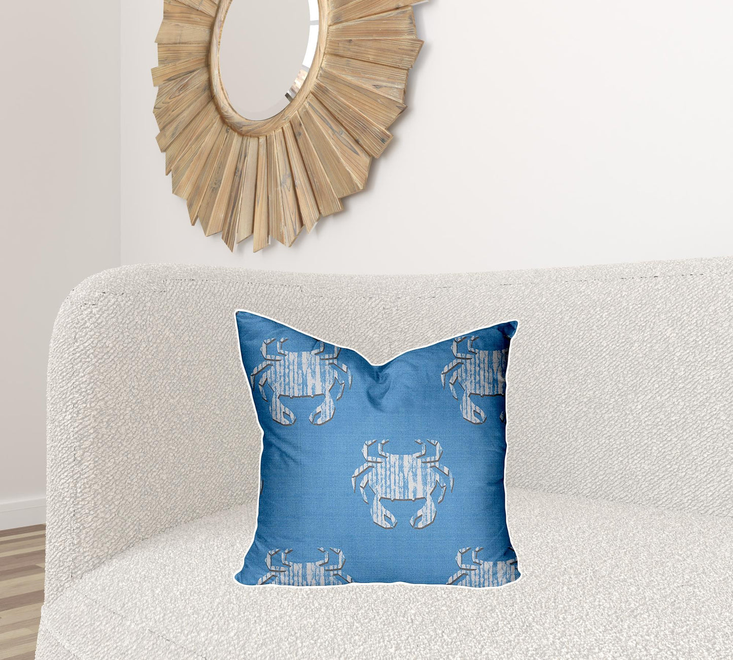 12" X 16" Blue And White Crab Blown Seam Coastal Lumbar Indoor Outdoor Pillow