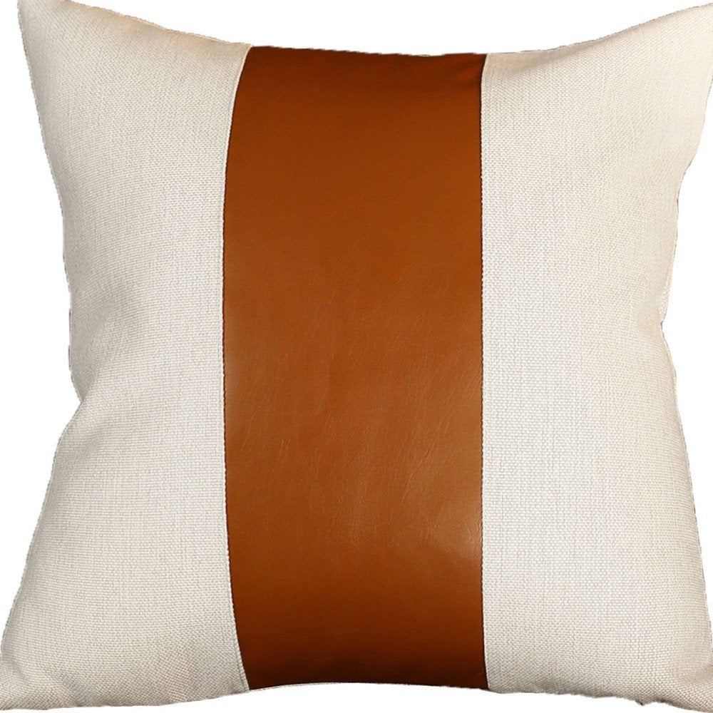 Set of Two 17" Brown And Ivory Faux Leather Throw Pillow Covers