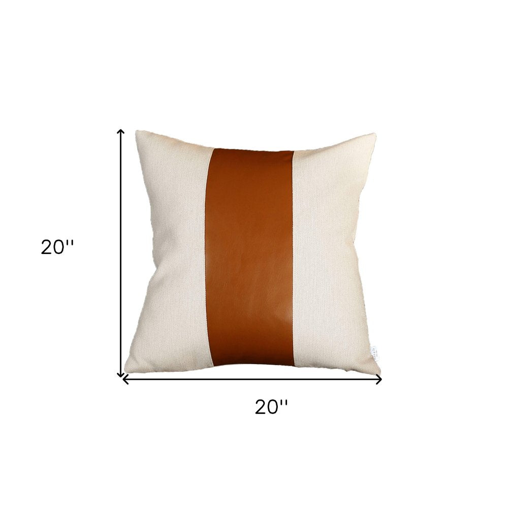 Set of Two 20" Brown And Ivory Faux Leather Throw Pillow Covers