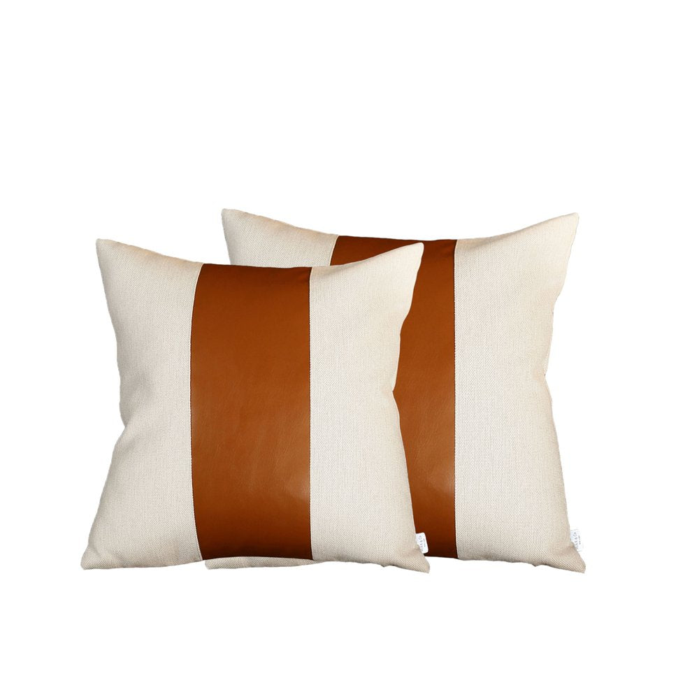 Set of Two 20" Brown And Ivory Faux Leather Throw Pillow Covers