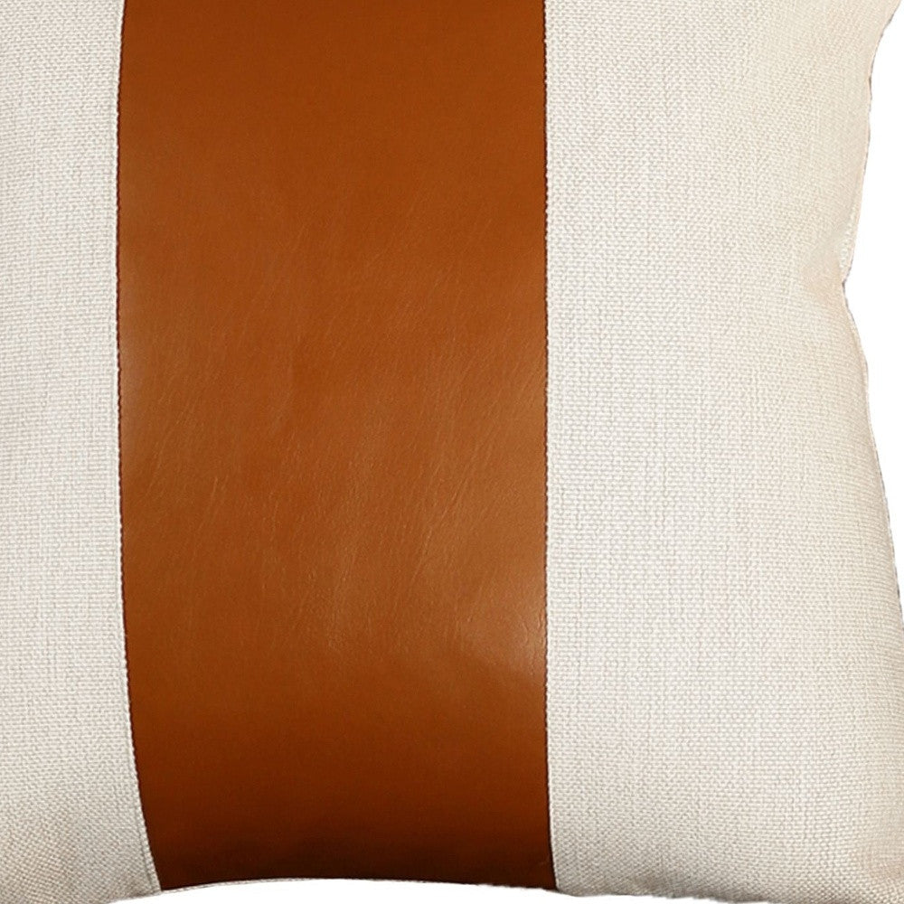 Set Of Four 20" X 20" Brown and Ivory Faux Leather Zippered Pillow Cover