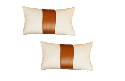 Set Of Two 18" X 18" Brown and Ivory Faux Leather Zippered Pillow