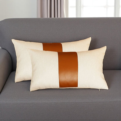 Set Of Two 18" X 18" Brown and Ivory Faux Leather Zippered Pillow