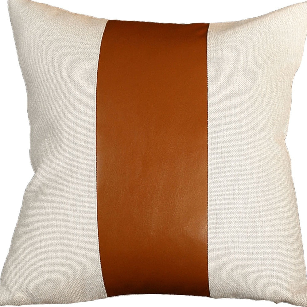 Set Of Two 20" X 20" Brown and Ivory Faux Leather Zippered Pillow