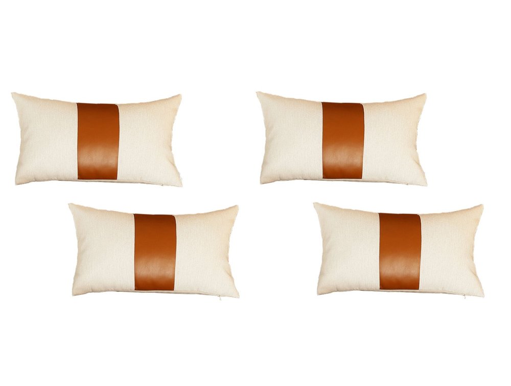 Set Of Four 18" X 18" Brown and Ivory Faux Leather Zippered Pillow
