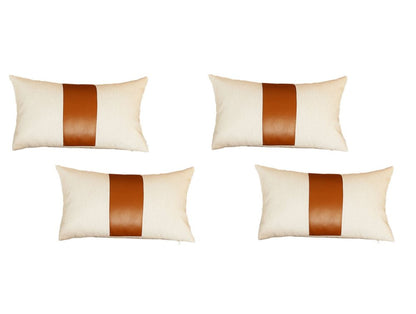 Set Of Four 18" X 18" Brown and Ivory Faux Leather Zippered Pillow