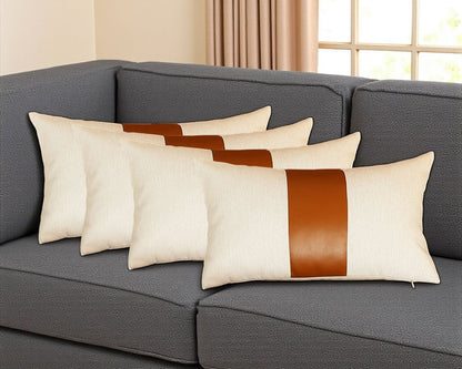 Set Of Four 18" X 18" Brown and Ivory Faux Leather Zippered Pillow