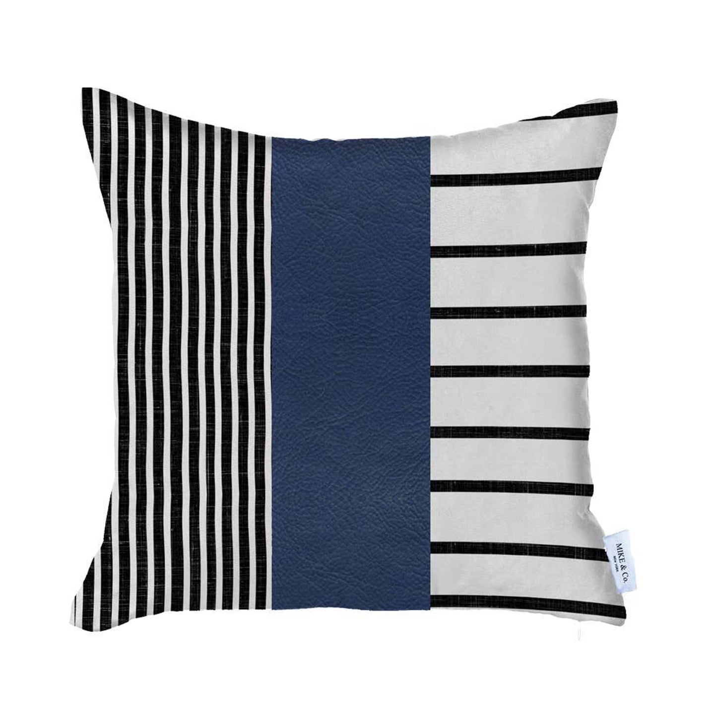 22" X 22" Navy Blue Striped Zippered Handmade Faux Leather Throw Pillow Cover