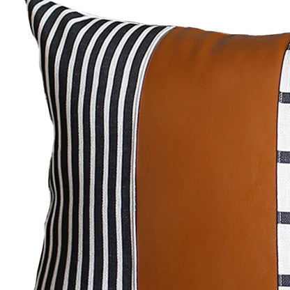 24" X 24" Brown and White Faux Leather Striped Zippered Pillow Cover