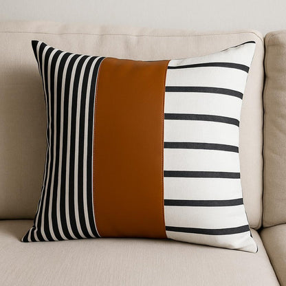 24" X 24" Brown and White Faux Leather Striped Zippered Pillow Cover