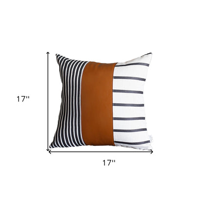 Set Of Two 17" X 17" Brown and White Faux Leather Striped Zippered Pillow Cover