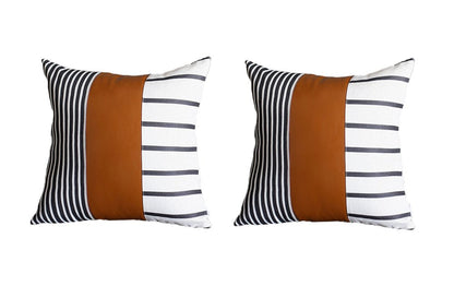 Set Of Two 17" X 17" Brown and White Faux Leather Striped Zippered Pillow Cover