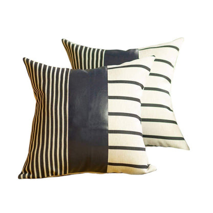 Set of Two 22" X 22" Navy Blue Striped Faux Leather Zippered Pillow Cover