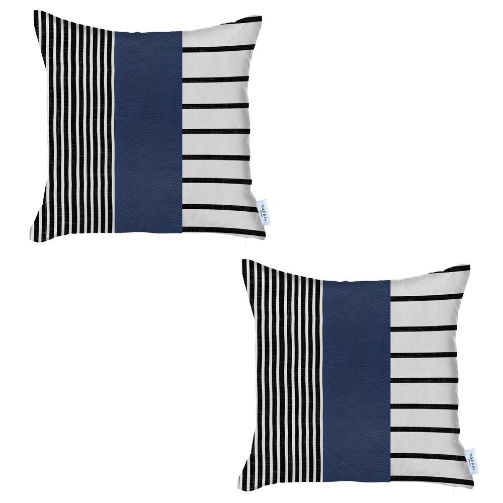 Set of Two 22" X 22" Navy Blue Striped Faux Leather Zippered Pillow Cover