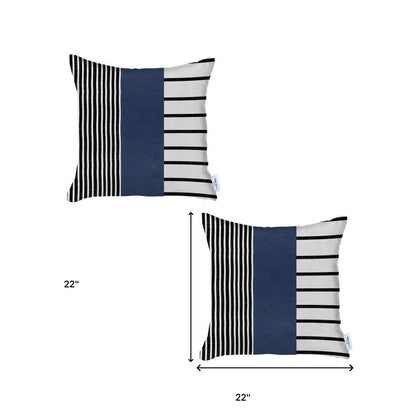 Set of Two 22" X 22" Navy Blue Striped Faux Leather Zippered Pillow Cover