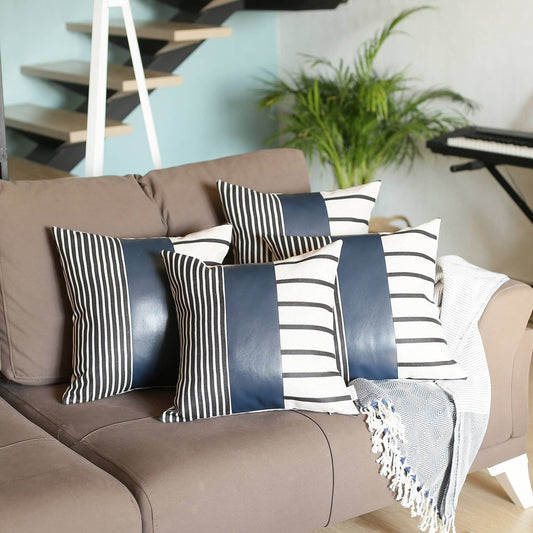 Set of Four 22" Black and White Striped Fabric and Faux Leather Throw Pillow Covers