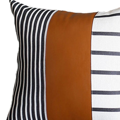 Set Of Four 20" X 20" Brown Faux Leather Striped Zippered Pillow