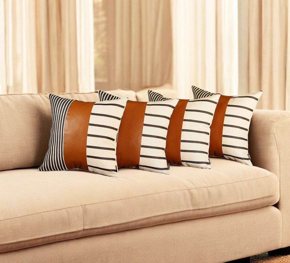 Set Of Four 20" X 20" Brown Faux Leather Striped Zippered Pillow