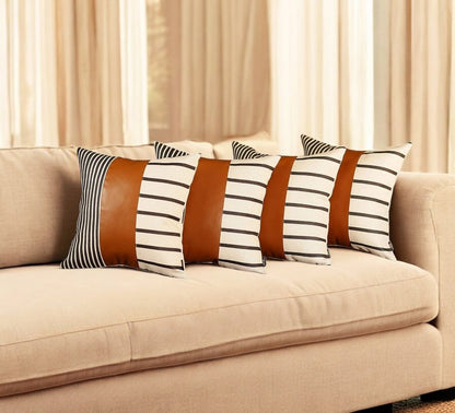 Set Of Four 20" X 20" Brown Faux Leather Striped Zippered Pillow
