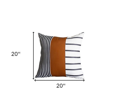 Set Of Four 20" X 20" Brown Faux Leather Striped Zippered Pillow