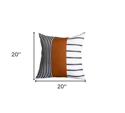 Set Of Four 20" X 20" Brown Faux Leather Striped Zippered Pillow