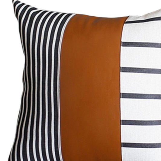 Set Of Four 20" X 20" Brown Faux Leather Striped Zippered Pillow