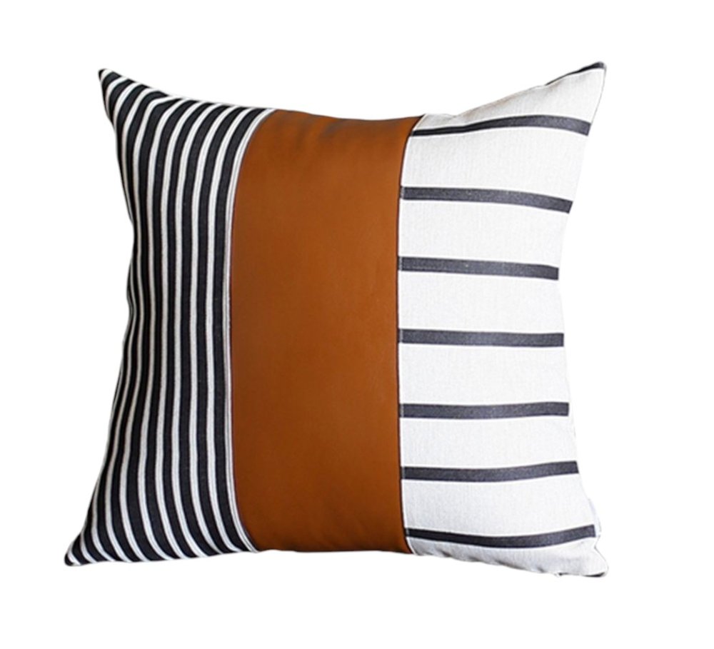 Set Of Four 20" X 20" Brown Faux Leather Striped Zippered Pillow