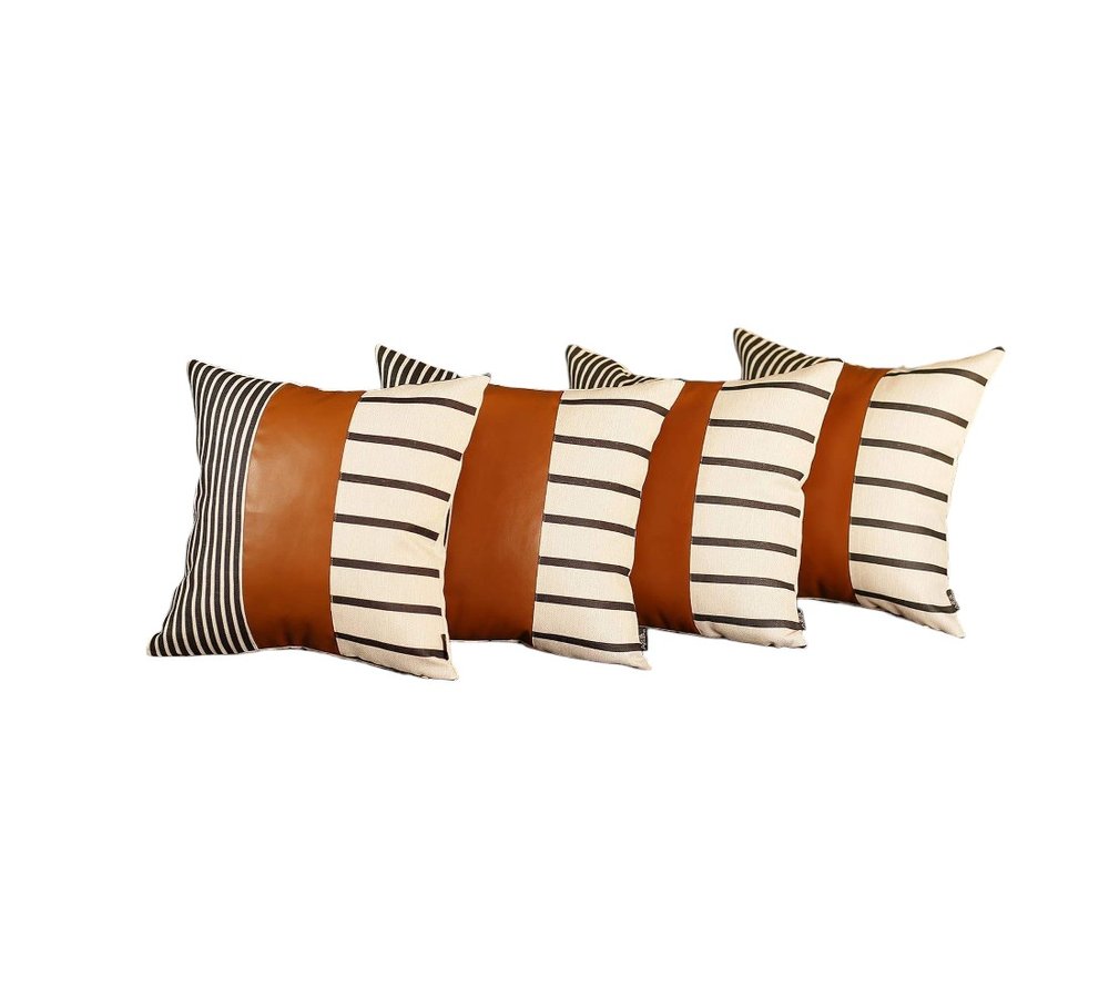 Set Of Four 20" X 20" Brown Faux Leather Striped Zippered Pillow