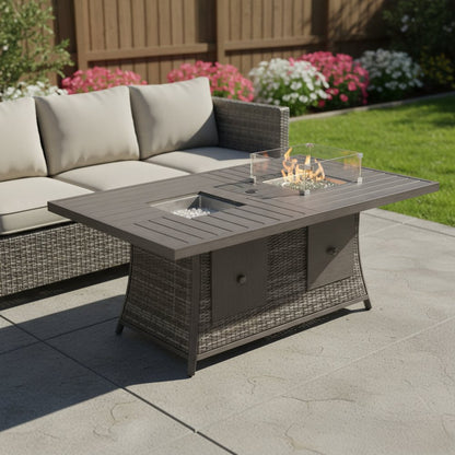 Gray Wicker Outdoor Gas Fire Pit Table with Ice Bucket