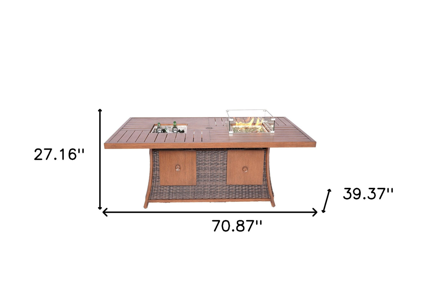 Brown Wicker Outdoor Gas Fire Pit Table with Ice Bucket