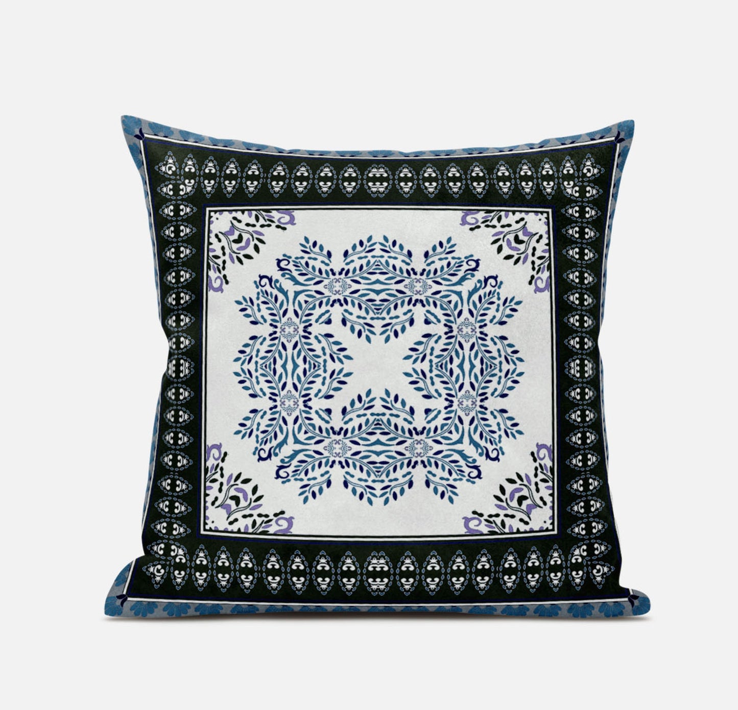 16" White Dark Blue and Light Blue Damask Indoor Outdoor Throw Pillow