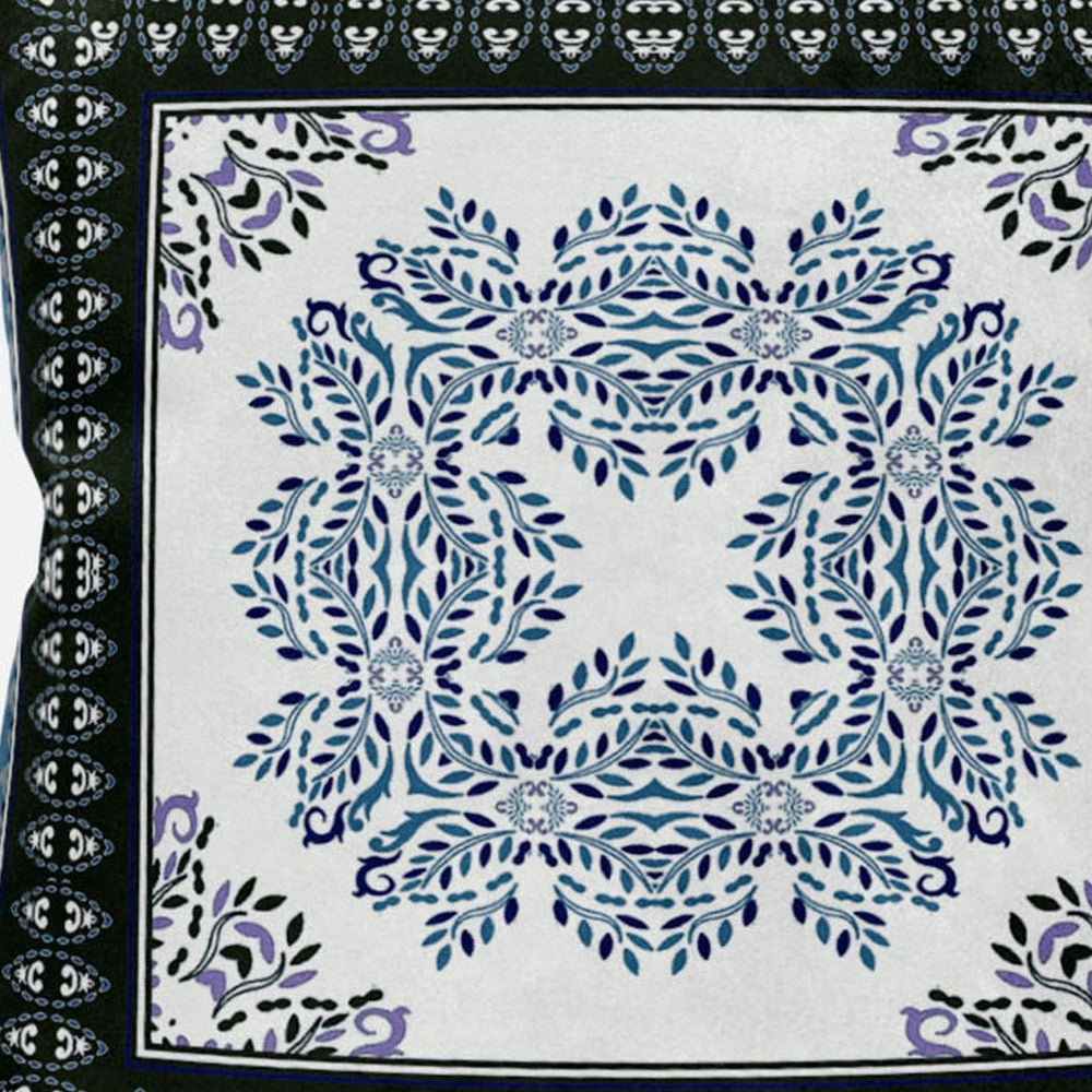 16" White Dark Blue and Light Blue Damask Indoor Outdoor Throw Pillow