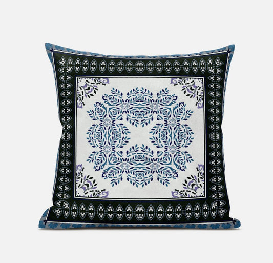18" White Dark Blue and Light Blue Damask Indoor Outdoor Throw Pillow