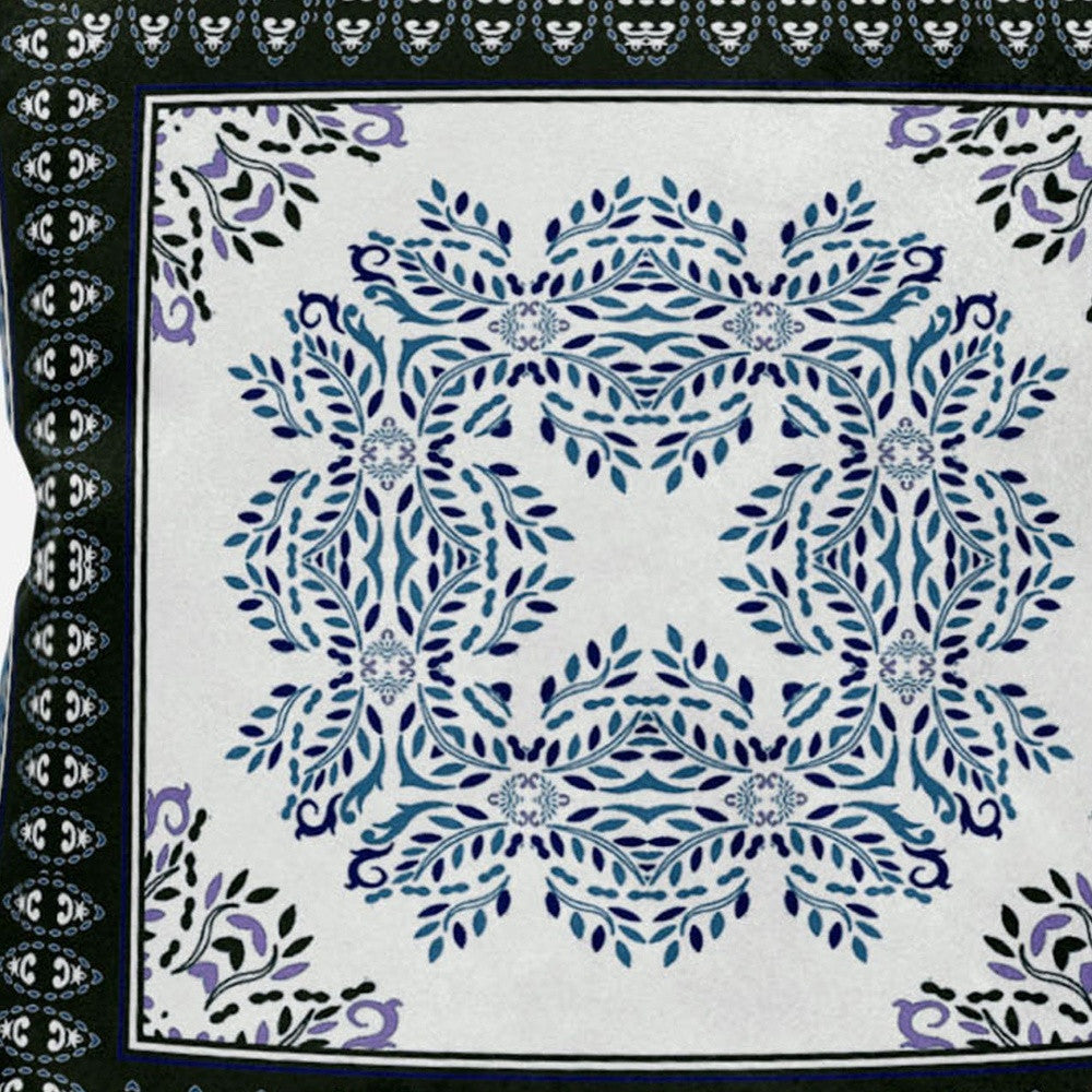 18" White Dark Blue and Light Blue Damask Indoor Outdoor Throw Pillow