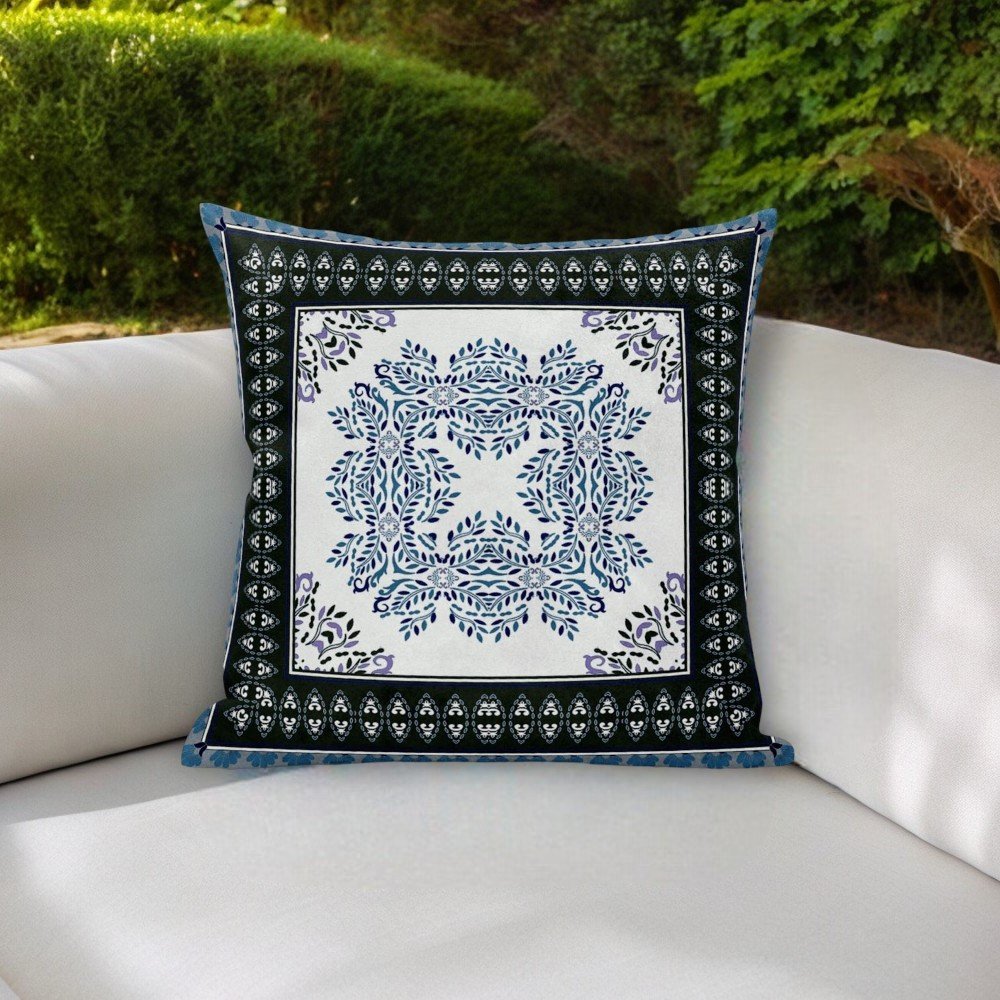18" White Dark Blue and Light Blue Damask Indoor Outdoor Throw Pillow