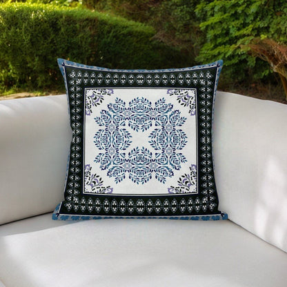 18" White Dark Blue and Light Blue Damask Indoor Outdoor Throw Pillow