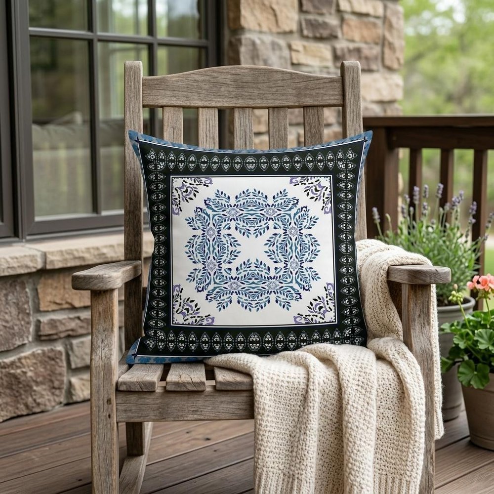 18" White Dark Blue and Light Blue Damask Indoor Outdoor Throw Pillow