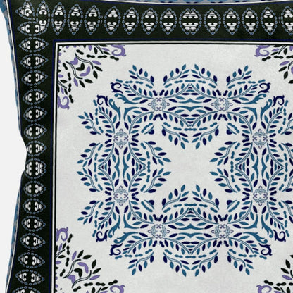 18" White Dark Blue and Light Blue Damask Indoor Outdoor Throw Pillow