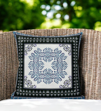 18" White Dark Blue and Light Blue Damask Indoor Outdoor Throw Pillow