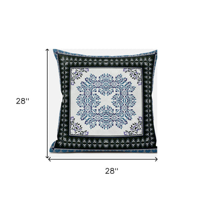 18" White Dark Blue and Light Blue Damask Indoor Outdoor Throw Pillow