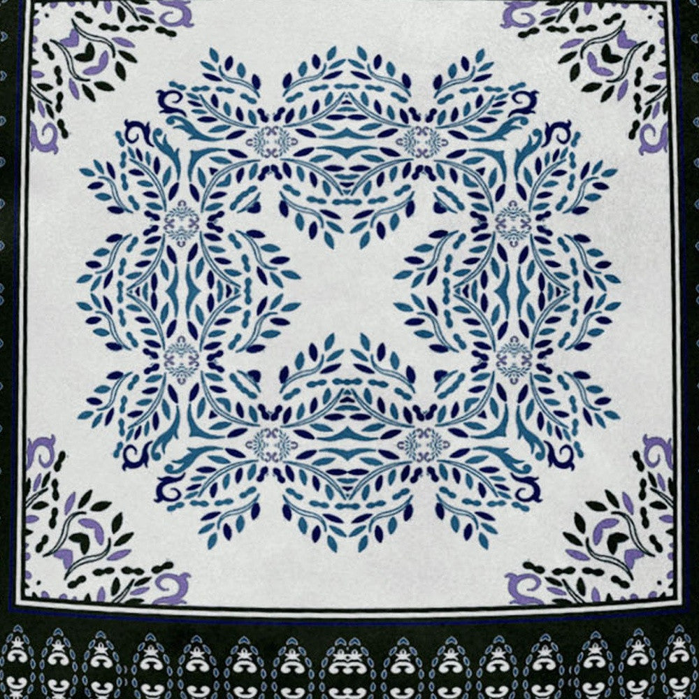 18" White Dark Blue and Light Blue Damask Indoor Outdoor Throw Pillow