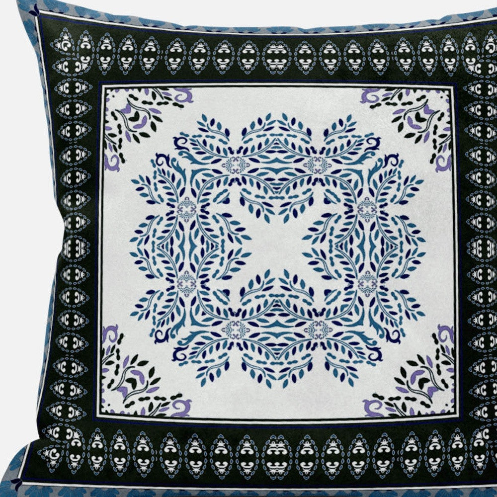 18" White Dark Blue and Light Blue Damask Indoor Outdoor Throw Pillow