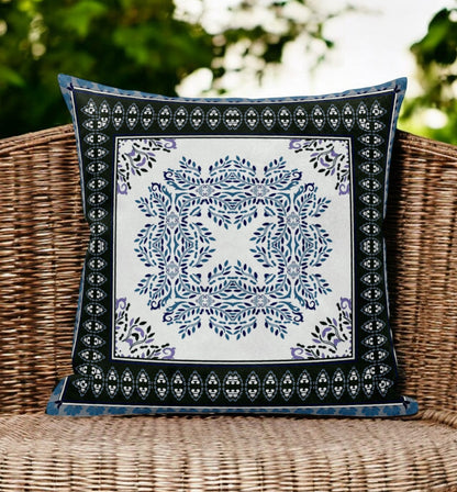 18" White Dark Blue and Light Blue Damask Indoor Outdoor Throw Pillow