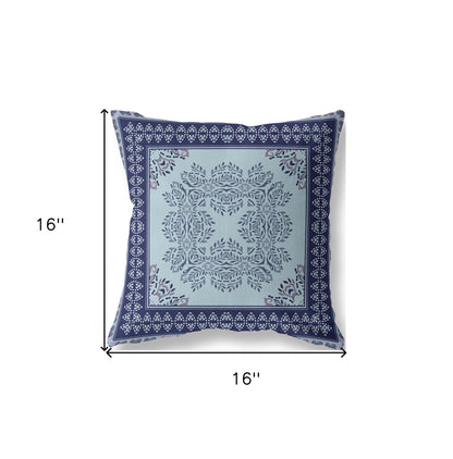 16" White Dark Blue and Light Blue Damask Indoor Outdoor Throw Pillow