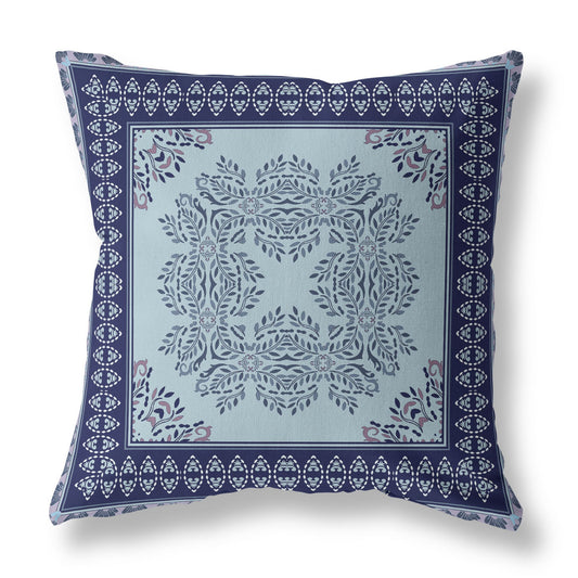 16" White Dark Blue and Light Blue Damask Indoor Outdoor Throw Pillow