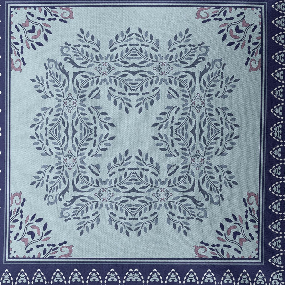 18" White Dark Blue and Light Blue Damask Indoor Outdoor Throw Pillow