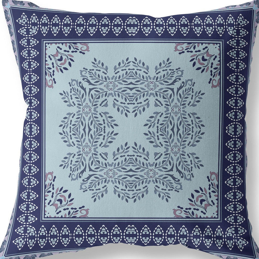 18" White Dark Blue and Light Blue Damask Indoor Outdoor Throw Pillow