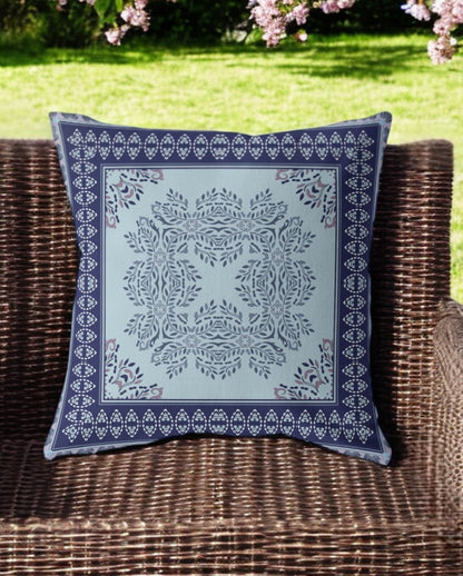 18" White Dark Blue and Light Blue Damask Indoor Outdoor Throw Pillow