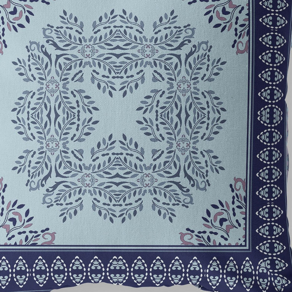 18" White Dark Blue and Light Blue Damask Indoor Outdoor Throw Pillow