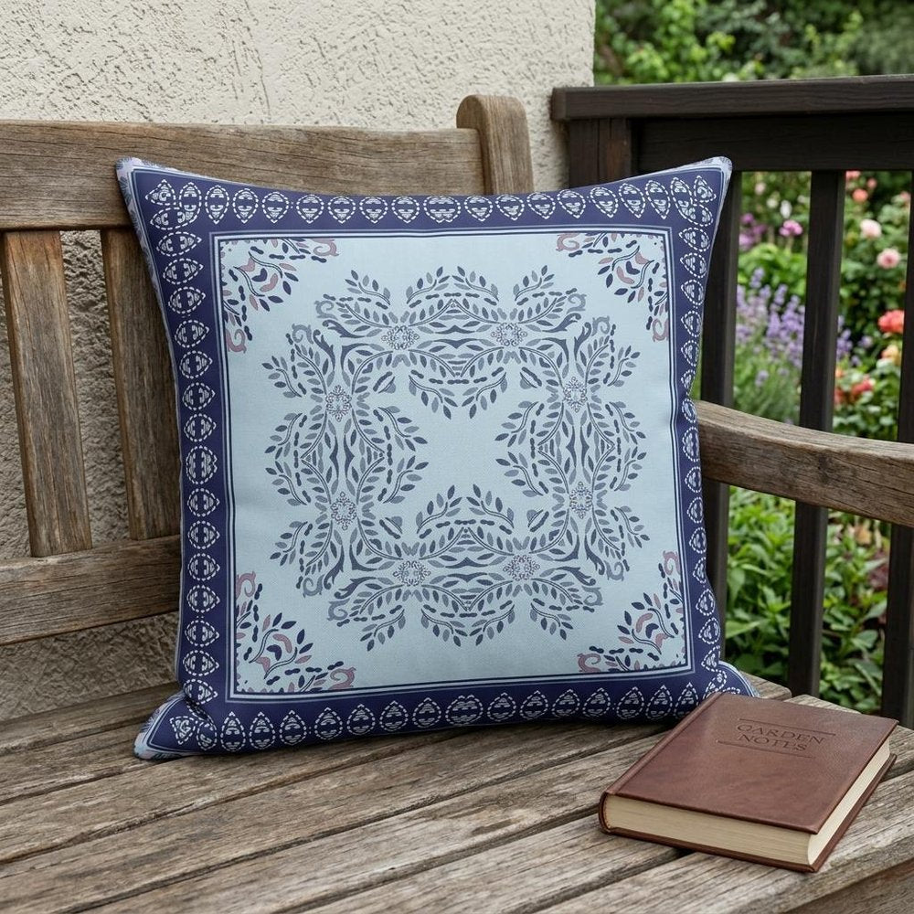 18" White Dark Blue and Light Blue Damask Indoor Outdoor Throw Pillow